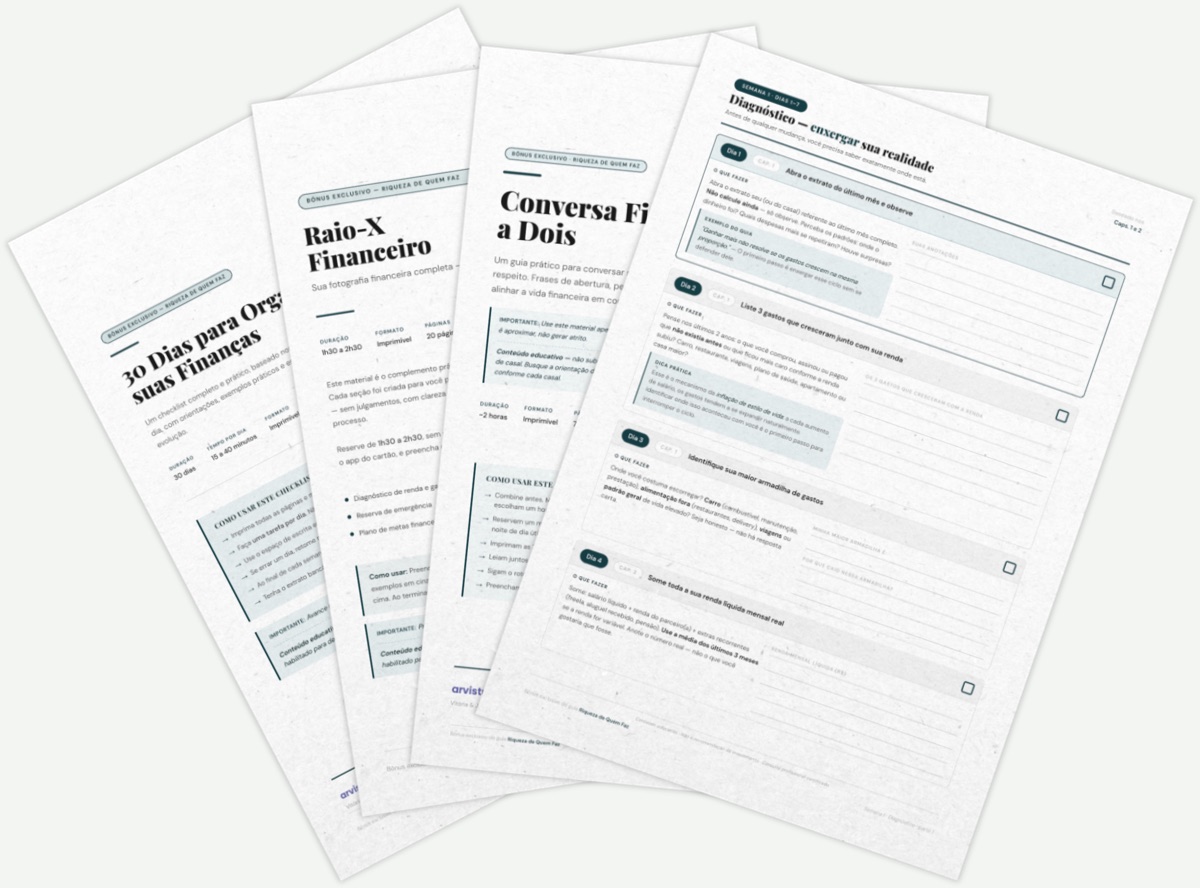 Páginas dos bônus imprimíveis: Checklist 30 Dias, Raio-X Financeiro e Conversa Financeira a Dois